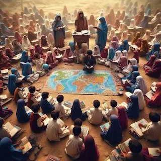 This is a photo of a district school in Pakistan, taken with a Sigma 85mm f/8 lens. The school is a white building with a red roof and a sign that says “District School”. There are some students and teachers standing outside the school, wearing uniforms and masks. The school is surrounded by green trees and grass, and there is a blue sky with some clouds above it. The photo has a shallow depth of field, focusing on the school and blurring the background.