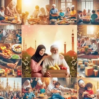 Embracing Generosity: A Ramadan Tale of Kindness and Sharing An image capturing the essence of Ramadan, showcasing hands extending food to the needy, symbolizing the acts of kindness and sharing that define the holy month.
