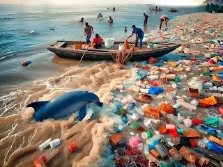 An Indus River dolphin swimming amidst plastic debris and murky water