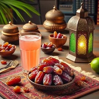 Ramadan Reflections: A Serene Iftar Evening An inviting Ramadan Iftar setup featuring succulent dates on a dining table, complemented by a glass of refreshing Rooh Afza sharbat. A prayer mat and a traditional lantern add to the ambiance, reflecting the spirit of the holy month.