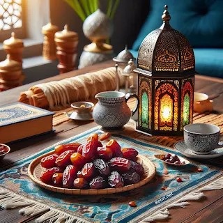 Ramadan's Sweet Delights: Khark Khajoor in a Ramadan during the significant times of Sehri (pre-dawn meal) and Iftar (meal to break the fast) in the holy month of Ramadan A variety of plump and glossy Ramadan dates, known as ‘khark khajoor’, are displayed in a traditional woven basket. The dates range in color from deep brown to golden amber, indicative of their natural sweetness and rich, chewy texture that is commonly enjoyed during the holy month of Ramadan