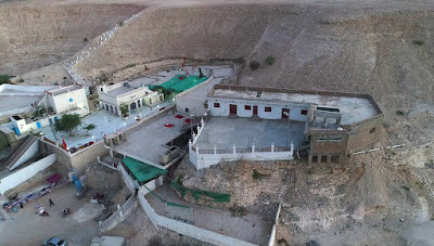 Aerial view of the Kalka Devi Temple nestled in the Kalka hills near Rohri, Sukkur, captured by a drone