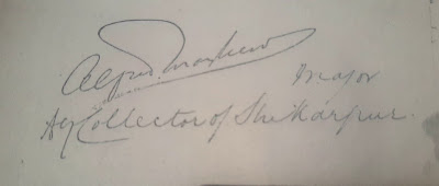 Historical signature of Lieutenant Colonel Alfred Mayo, Collector of Shikarpur, from colonial Sindh records.