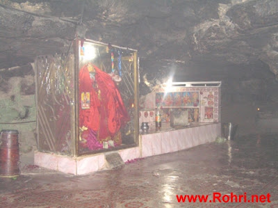 Goddess Kali Idol in Sacred Darkness Sculpture of Goddess Kali holding a dagger and severed head inside the dimly lit Kalka Devi Cave Temple