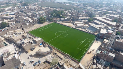 Latest Drone View of Gangoti Ground, Rohri 2025 Aerial drone image showcasing the latest view of Gangoti Ground in Rohri, Sindh, highlighting the historic football field with surrounding structures and landscape in 2025.