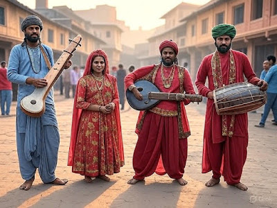 A group of traditional musicians from Rohri performing with colorful attire, including a man with a stringed instrument, two women in vibrant red dresses holding their skirts, and another man with a drum, set against a historic backdrop.