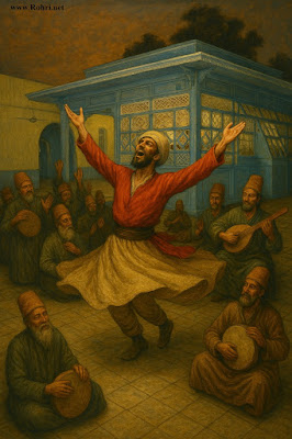 Dhamal: Ecstatic Dance to Sufi Music A group of Sufi devotees performing Dhamal, a trance-inducing dance, at a shrine in Pakistan, with musicians playing dhol drums and traditional instruments in the background.