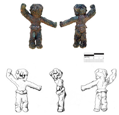 A small copper figurine from Lakhian Jo Daro, showing a human figure in a spear-throwing pose, highlighting Indus Valley metallurgy.