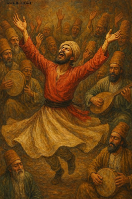 Mehfil-e-Samaa: A Celebration of Sufi Poetry and Music A vibrant Mehfil-e-Samaa gathering with devotees immersed in Sufi poetry and music, surrounded by traditional instruments and spiritual ambiance at a Sufi shrine.