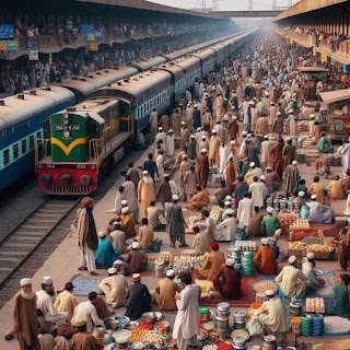 Rohri Junction railway station - a major hub of Pakistan’s railway network. A panoramic view of Rohri Junction railway station, a historic and cultural landmark of Pakistan, with trains, platforms, buildings, and hills in the background.
