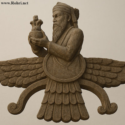 Faravahar Relief – Zoroastrian Symbol at Historic Agiary on Wallace Road Stone bas-relief of Faravahar symbol featuring a winged bearded figure holding flame-like objects, carved in traditional Zoroastrian style.