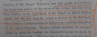 Excerpt on Indus River Bridge Built by Bengal Engineers – Sukkur to Rohri (1840s) Highlighted passage from a historical document describing the construction of a 500-yard bridge across the Indus River by Captain Sanders of the Bengal Engineers, using seventy-four boats between Sukkur, Bukhar Island, and Rohri, completed in fourteen days.