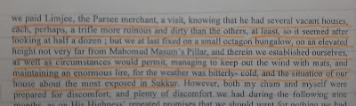 Excerpt Describing Limjee’s Parsee Bungalow Near Mahomud Masum’s Pillar – Sukkur Residency Narrative Highlighted passage from a historical document describing a visit to Limjee, a Parsee merchant in Sukkur, and the selection of a small octagon bungalow near Mahomud Masum’s Pillar during cold weather.