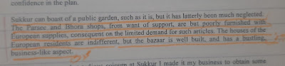 Excerpt on Sukkur’s Public Garden, Parsee & Bhora Shops, and European Residency – Colonial Narrative Highlighted passage from a historical document describing Sukkur’s neglected public garden, understocked Parsee and Bhora shops, indifferent European houses, and a well-built, bustling bazaar.