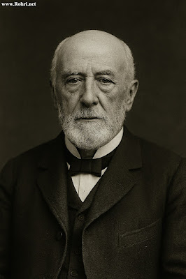 Portrait of Sir Alexander Meadows Rendel (1828-1918), Civil Engineer Black and white oval portrait photograph of Sir Alexander Meadows Rendel, an elderly British civil engineer with a bald head, white beard, serious expression, wearing a formal dark suit, white shirt, and bow tie, taken around 1917.