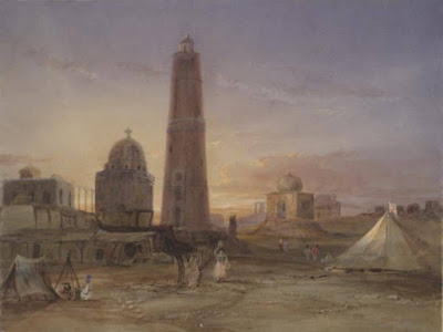 Sunset scene with a tall minaret, nearby domed structures, tents in the foreground, and people in traditional attire, set against a golden sky.