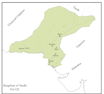 Kingdom of Sindh Map 700 CE β Aror (Alor) as Capital Under Raja Dahir Before 711 AD Conquest Historical map of Kingdom of Sindh around 700 CE showing Aror (Alor) as capital under Raja Dahir with key cities Debal, Nerun, Raor, Sehwan, borders with Umayyad Caliphate, Makran Tribes, and Gujarat