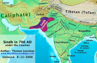 Sindh in 700 CE, under the Raja's dynasty. The Umayyad Caliphate can be seen advancing upon the western frontier of the Indian subcontinent. Sindh in 700 CE, under the Raja's dynasty. The Umayyad Caliphate can be seen advancing upon the western frontier of the Indian subcontinent.