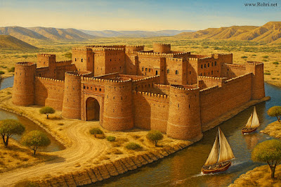 Aror (Alor) Fort Reconstruction β Ancient Capital of Sindh in Raja Dahir Era (Pre-712 AD) Artistic reconstruction of ancient Aror (Alor) Fort in Sindh Pakistan during its prime before 712 AD destruction, showing massive brick walls with towers, arched gateway, and Indus River with sailing boats in desert landscape