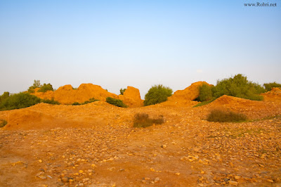 Aror (Alor) Ancient Ruins Landscape β Rocky Hills Near Rohri Sindh Wide view of ancient Aror (Alor) ruins landscape with rocky hills, scattered stones, and green bushes under clear blue sky in Sindh Pakistan