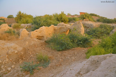 Aror (Alor) Ruins Rocky Hill with Vegetation β Ancient Sindh Historical Site Near Rohri Rocky hillside landscape of ancient Aror (Alor) ruins in Sindh Pakistan with large stone formations, green bushes and trees, and a distant building under clear sky