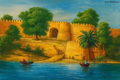 Bukkur Fort – بکر جو جزيرو: Riverside Citadel of Rohri & Sukkur Historic gateway of Bukkur Fort on the Indus River, directly opposite the shrine of Khwaja Khizr in Sukkur, Sindh. The scene shows fortified stone walls, arched entrance, palm trees, and boats along the riverbank.