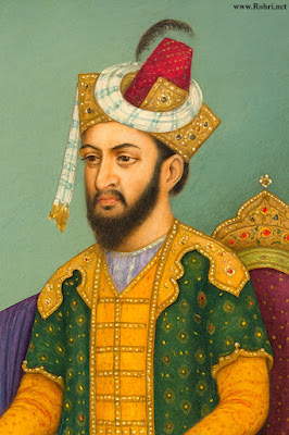 Emperor Humayun – Mughal Majesty in Regal Portrait Portrait of Mughal Emperor Humayun in royal attire, featuring a jeweled turban, embroidered robe, and ornate throne. A historical representation of South Asian imperial elegance and cultural heritage.