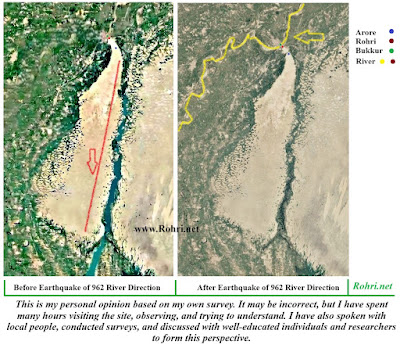 Indus River Path Change Before and After 962 Earthquake β Aror (Alor) Sindh Historical Map Map comparison showing Indus River path before (left: straight south from Bukkur through Rohri to ancient Aror) and after (right: meandering westward yellow route) the devastating 962 AD earthquake that destroyed Aror, capital of Sindh