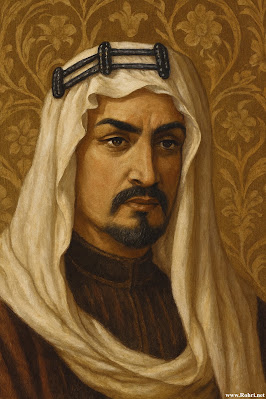 Muhammad bin Qasim: Young Arab Conqueror of Sindh β Portrait of the Umayyad General (711 AD) Artistic portrait of Muhammad bin Qasim, the young Arab general who conquered Sindh in 711 AD, wearing traditional white ghutra headscarf with black agal and brown robe against golden patterned background