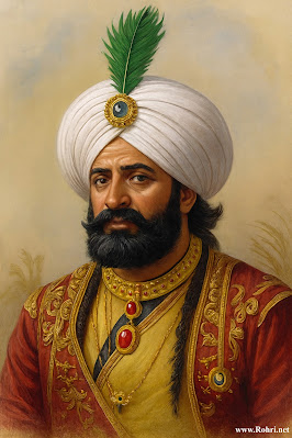Raja Dahir: Last Hindu King of Sindh β Portrait of the Brave Ruler of Ancient Aror (Alor) Artistic portrait of Raja Dahir, the last Hindu king of Sindh, wearing a white turban with green feather, golden jewelry, and red royal robe β symbol of resistance against Arab conquest in 712 AD