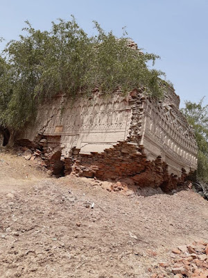Shaikh Laloo Pir Shrine – Ruined Brick Facade and Tree-Crowned Dome in Rohri, Sindh Partially ruined Shaikh Laloo Pir Shrine in Rohri, Sindh, showing exposed red bricks, intricate carved facade, and a large tree growing atop the dome, with dry soil and scattered debris in the foreground.