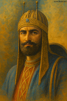 Sher Shah Suri – The Lion of Hindustan Digital painting of Sher Shah Suri, the 16th-century Afghan ruler of Hindustan, wearing a golden crown with emerald centerpiece and vertical finials. He has a full beard, regal red robe with geometric gold patterns, and a warrior’s shield over his shoulder. The background features warm golden tones, evoking historical grandeur and strength.