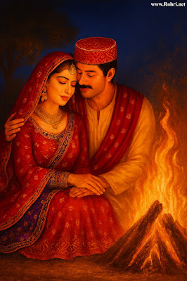 A newlywed Sindhi couple shares a quiet moment by the bonfire, dressed in traditional attire that glows with heritage and warmth. Their embrace reflects the timeless bond of Sindh’s culture, love, and storytelling. A newlywed Sindhi couple shares a quiet moment by the bonfire, dressed in traditional attire that glows with heritage and warmth. Their embrace reflects the timeless bond of Sindh’s culture, love, and storytelling.