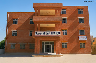 Daylight view of Surgical Unit II & ICU building at Civil Hospital Sukkur, red brick hospital facade in Upper Sindh, Pakistan.