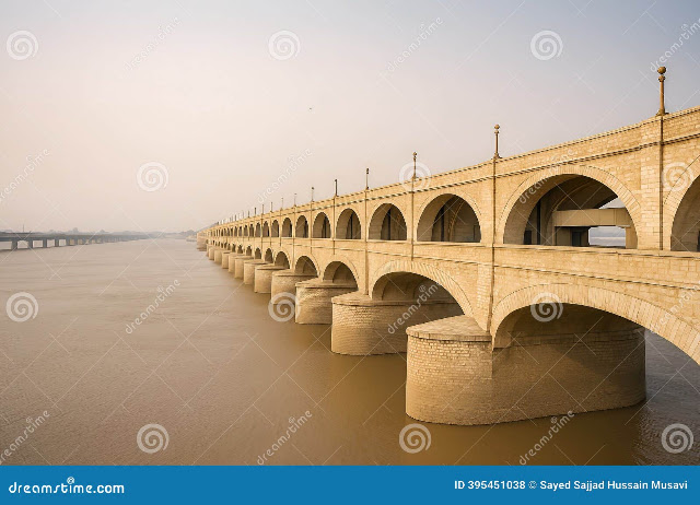 Sukkur Barrage across the Indus River, a historic landmark of Sukkur, Sindh